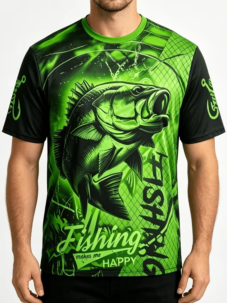 3D Printing Maket - メンズファッション 3D魚柄グラフィックTシャツ 釣りは私を幸せに プリント半袖Tシャツ アウトドア フィッシャーマン
