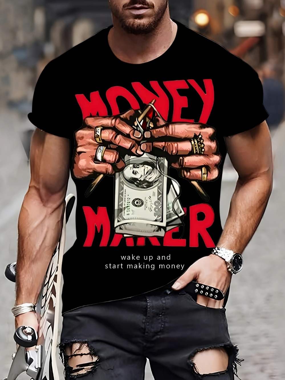 3D Printing Maket - アメリカのヒップホップスタイルの金儲け柄3DプリントメンズTシャツ、通気性、速乾性、アウトドアストリートウェアスタイル、スポーツトップ